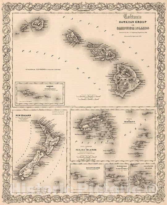 Historic Map : Hawaiian Islands. New Zealand. Feejee. Samoan. Tonga. Society Islands. Marquesas. Galapagos., 1861, Vintage Wall Decor