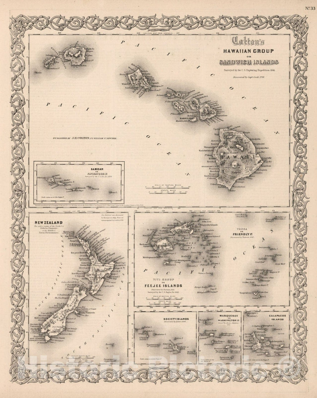 Historic Map : Hawaiian Islands. New Zealand. Feejee. Samoan. Tonga. Society Islands. Marquesas. Galapagos., 1861, Vintage Wall Decor