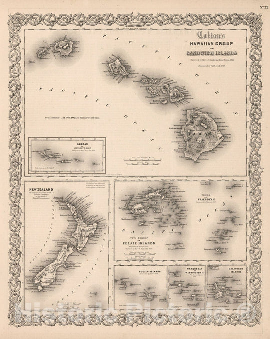 Historic Map : Hawaiian Islands. New Zealand. Feejee. Samoan. Tonga. Society Islands. Marquesas. Galapagos., 1861, Vintage Wall Decor