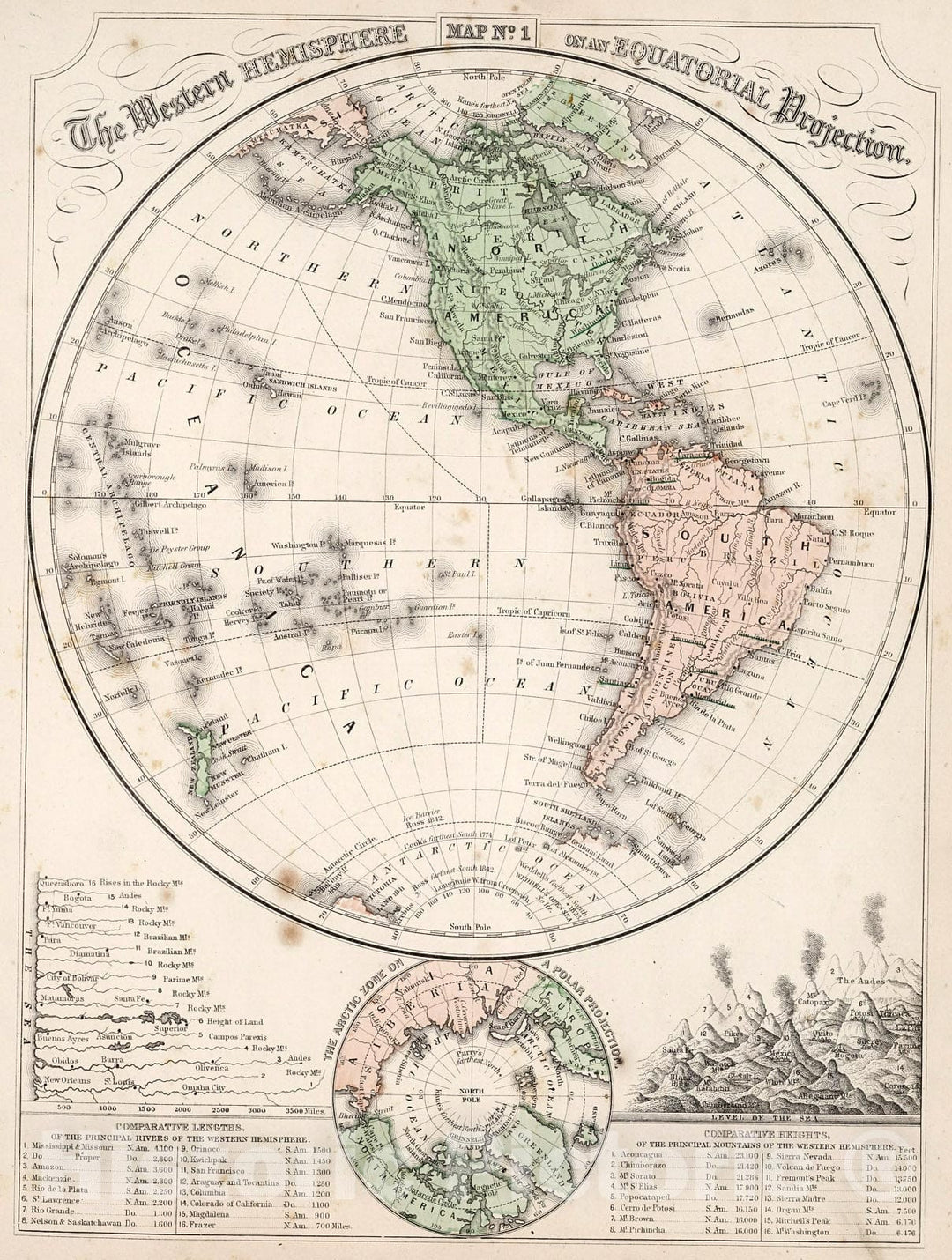 Historic Map : Map No. 1. The Western Hemisphere an equatorial projection, 1865, Vintage Wall Decor