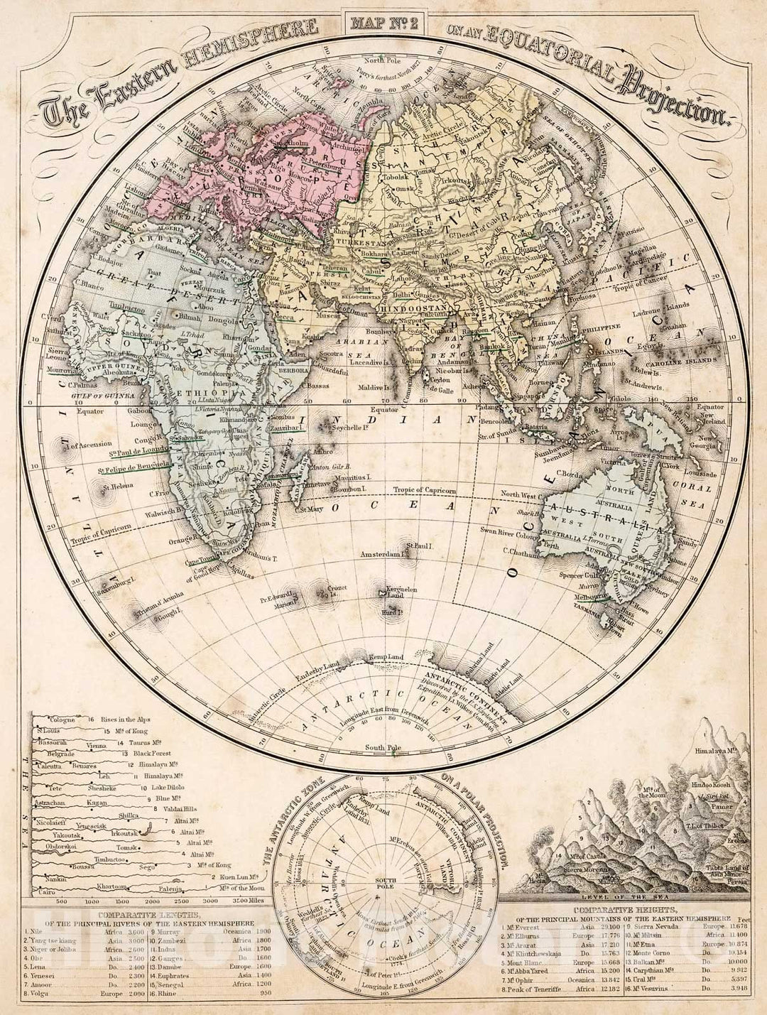 Historic Map : Map No. 2. The Eastern Hemisphere an equatorial projection, 1865, Vintage Wall Decor