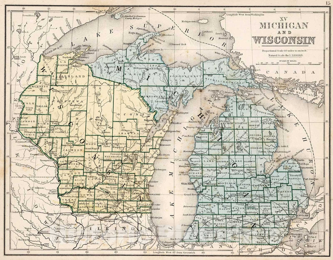 Historic Map : Map No. XV. Michigan and Wisconsin, 1865, Vintage Wall Decor