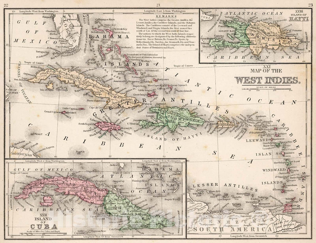 Historic Map : Map No. XXI. Map of the West Indies. XXII. Island of Cuba. XXIII. Island of Hayti, 1865, Vintage Wall Decor