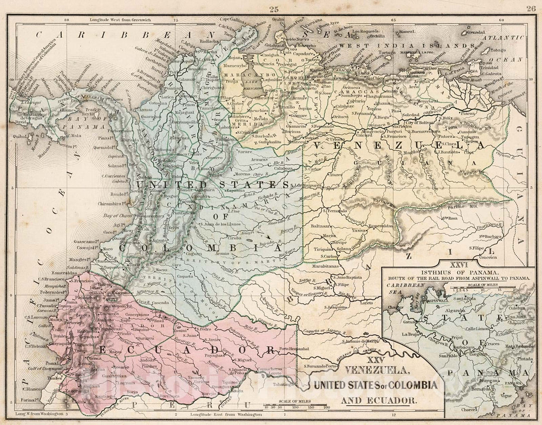 Historic Map : Map No. XXV. Venezuela, United States of Colombia and Ecuador. XXVI. Isthmus of Panama, 1865, Vintage Wall Decor