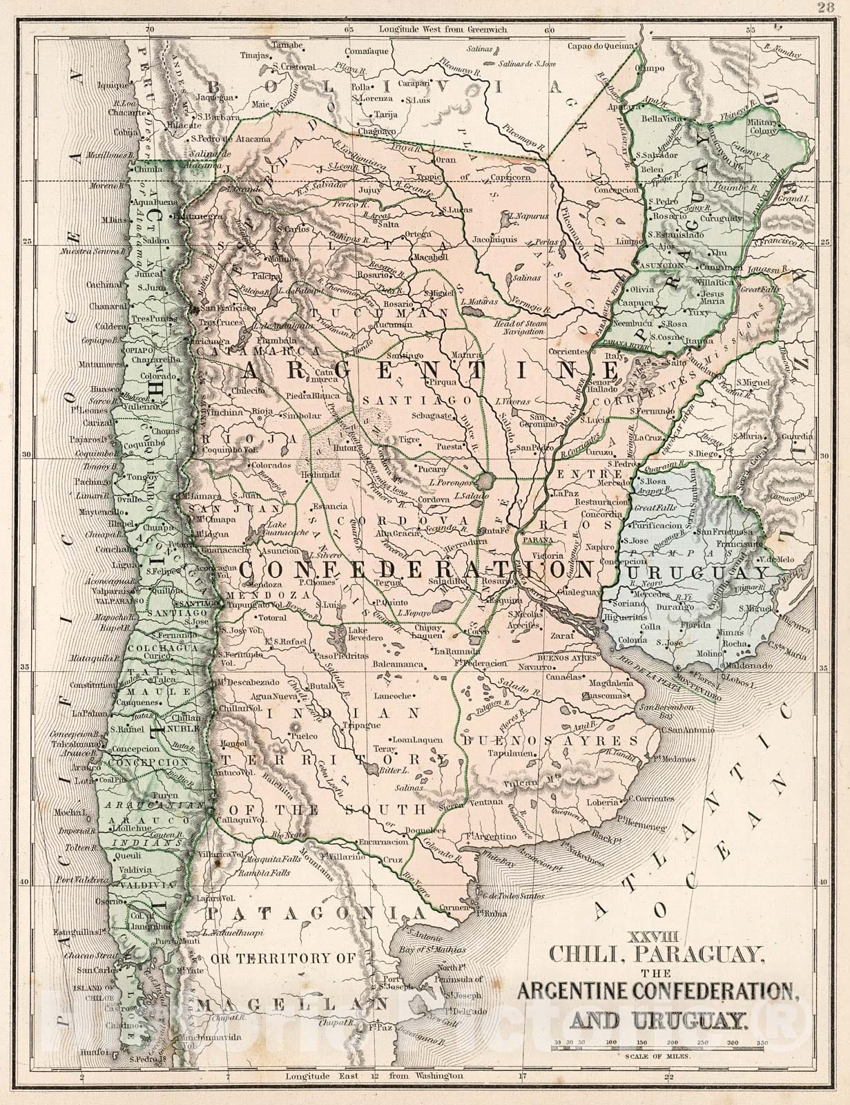 Historic Map : Map No. XXVIII. Chile, Paraguay, The Argentine Confederation and Uruguay, 1865, Vintage Wall Decor