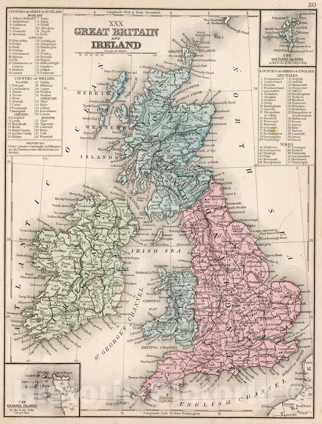 Historic Map : Map No. XXX. Great Britain and Ireland, 1865, Vintage Wall Decor