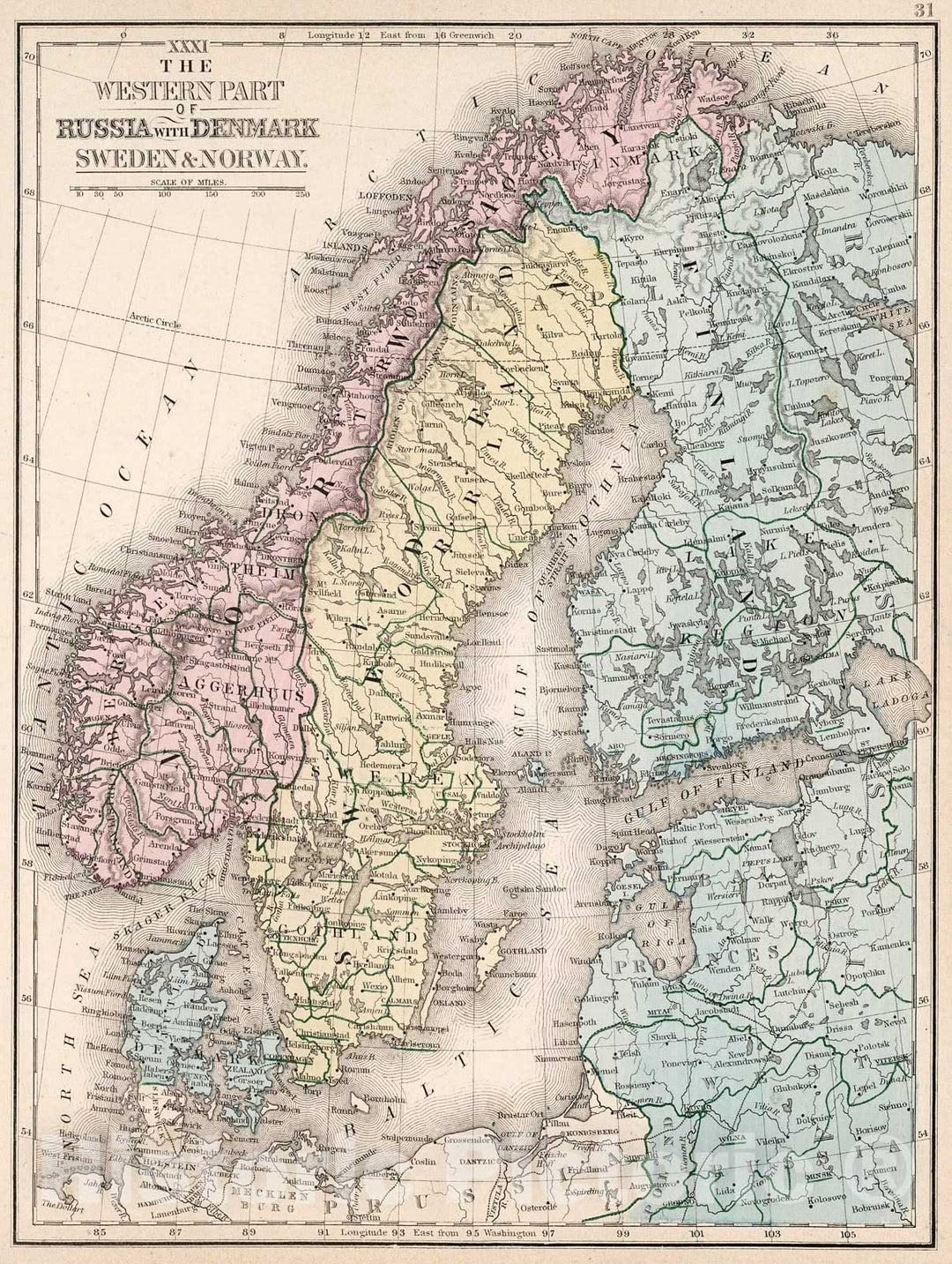 Historic Map : Map No. XXXI. The Western part of Russia with Denmark, Sweden & Norway, 1865, Vintage Wall Decor