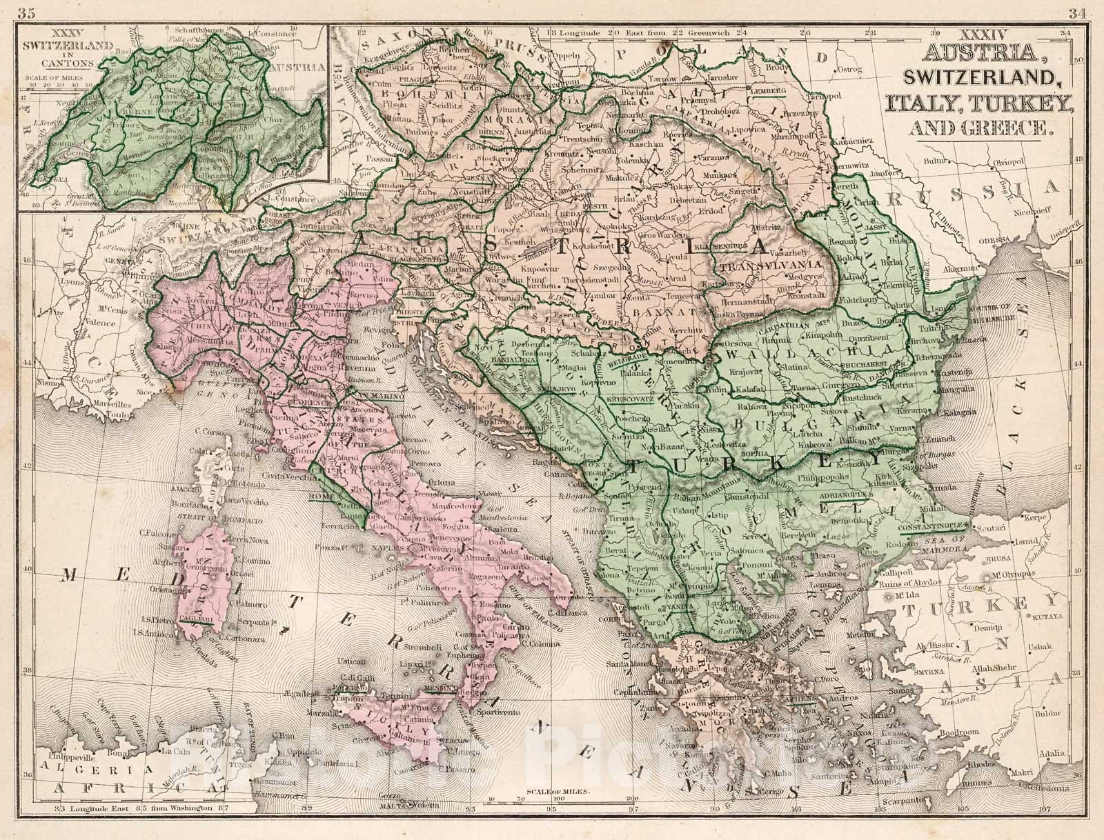 Historic Map : Map No. XXXIV. Austria, Switzerland, Italy, Turkey, Greece. XXXV. Switzerland in Cantons, 1865, Vintage Wall Decor