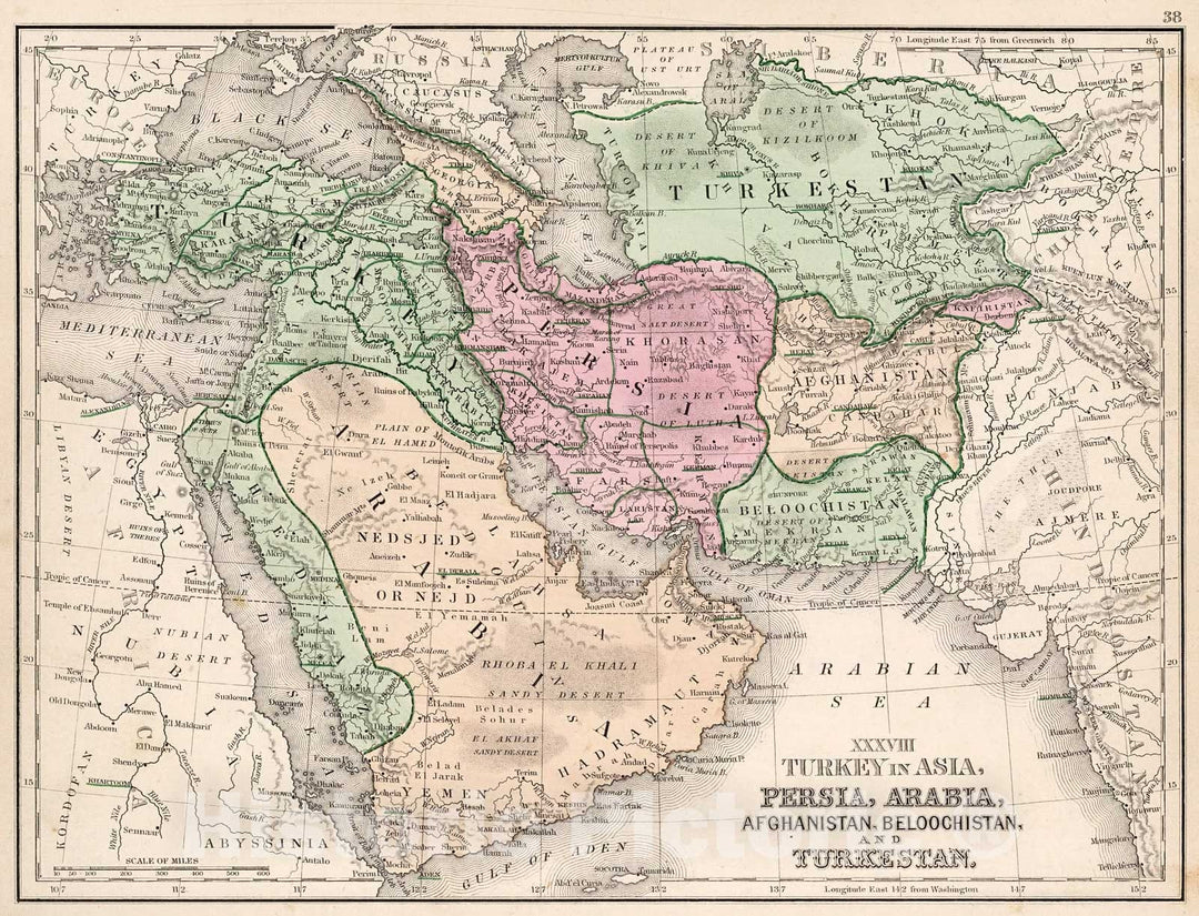 Historic Map : Map No. XXXVIII. Turkey in Asia, Persia, Arabia, Afghanistan, Beloochistan and Turkestan, 1865, Vintage Wall Decor