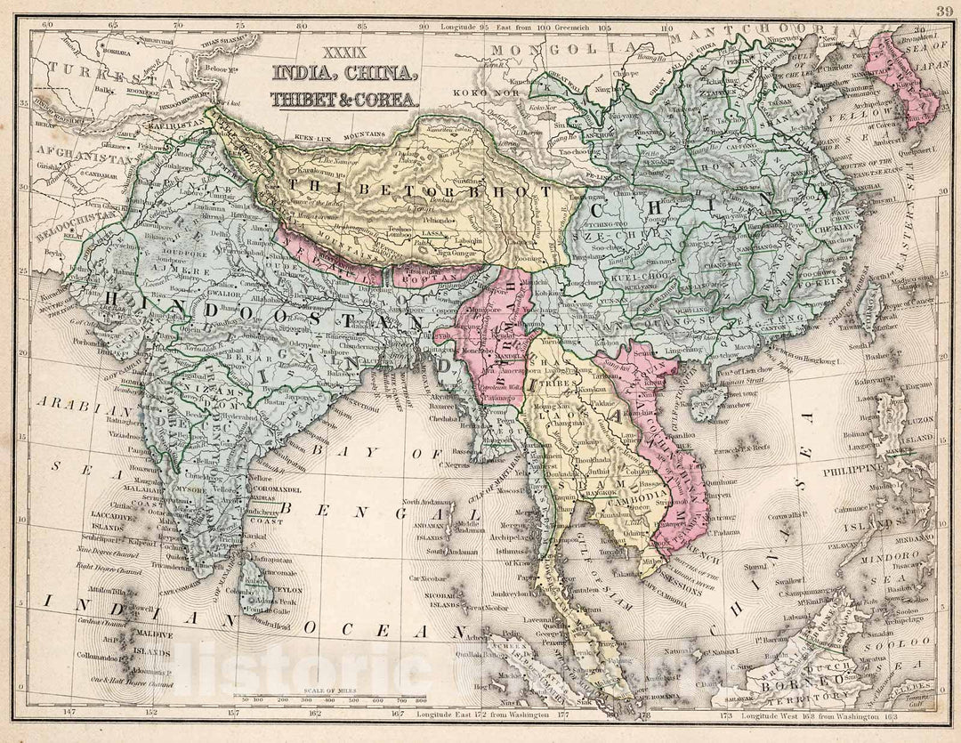 Historic Map : Map No. XXXIX. India, China, Thibet & Corea, 1865, Vintage Wall Decor