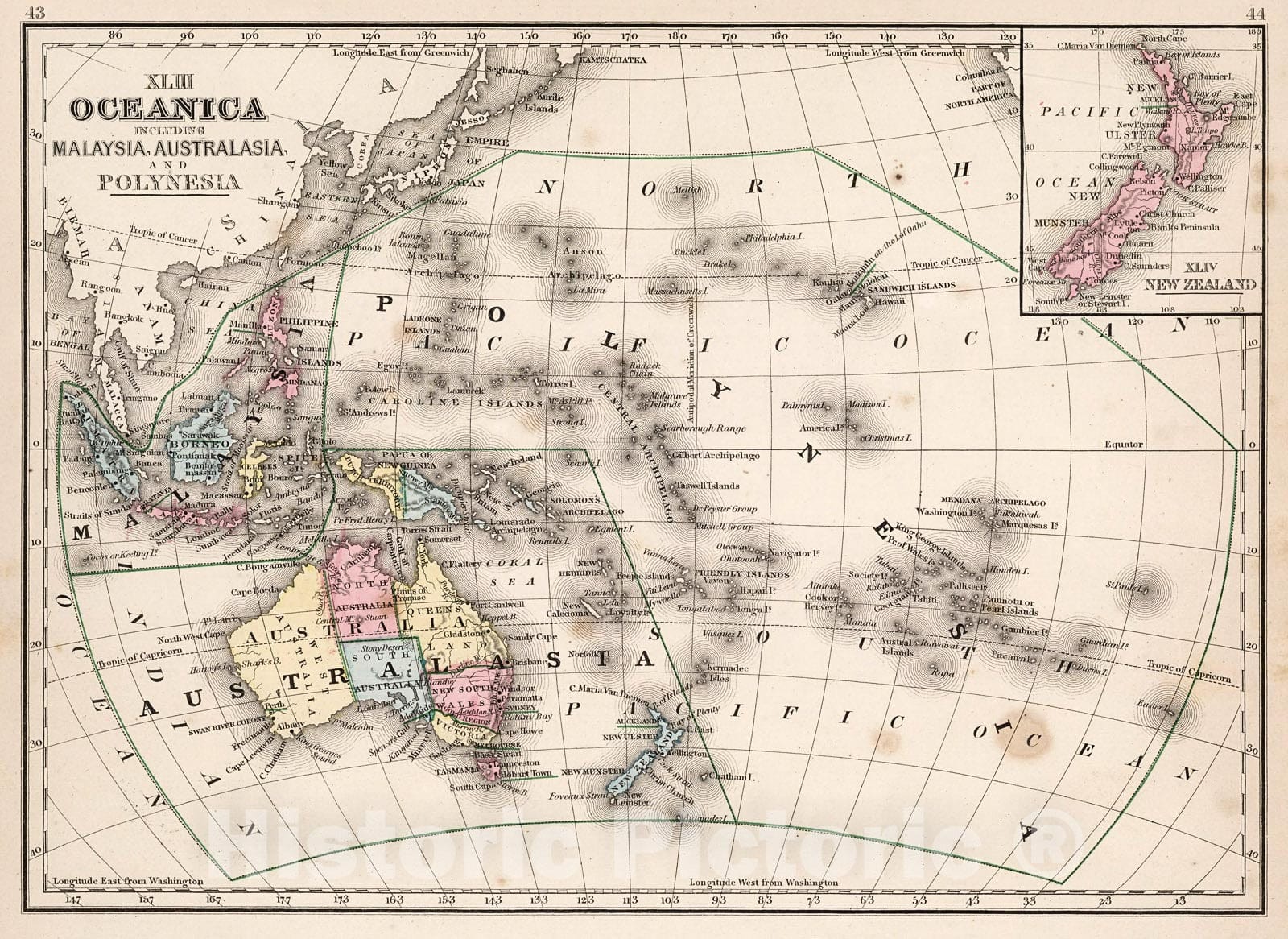 Historic Map : Map No. XLIII. Oceanica including Malaysia, Australia and Polynesia. XLIV. New Zealand, 1865, Vintage Wall Decor