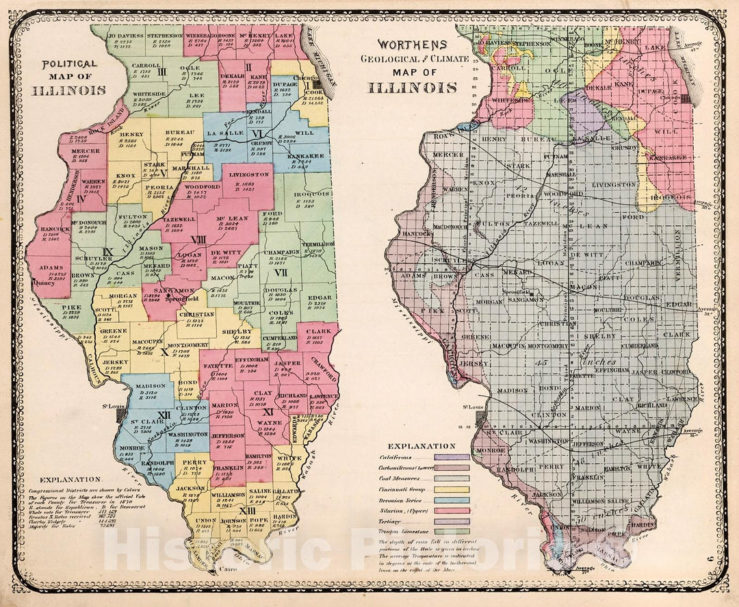 Historic Map : Political map of Illinois. Worthens geological and climate map of Illinois, 1871, Vintage Wall Decor