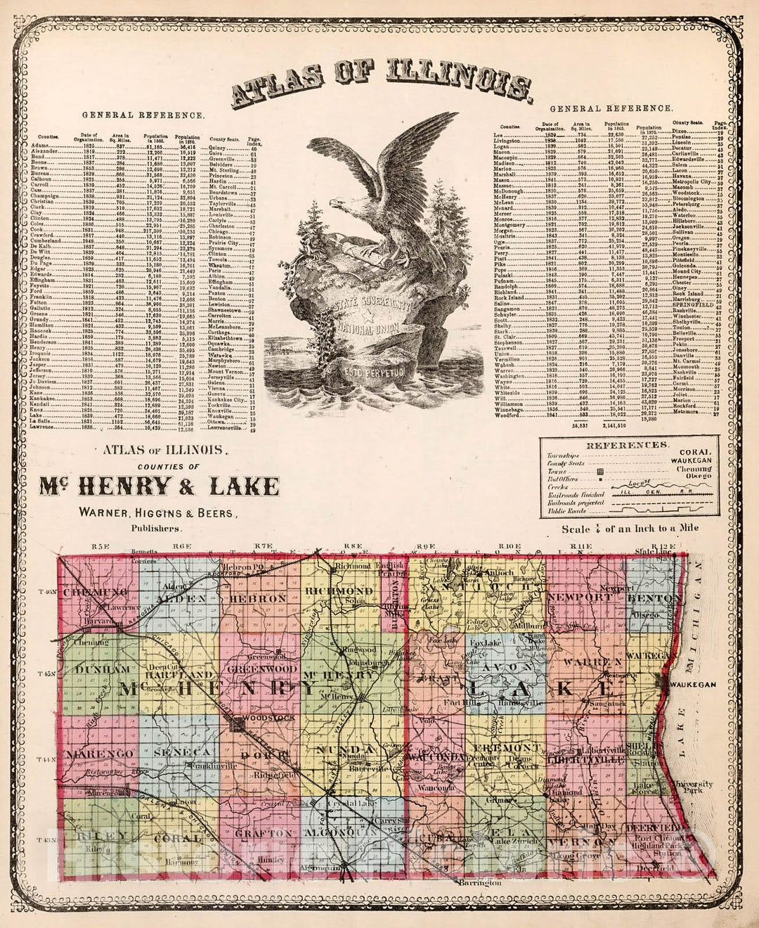 Historic Map : Counties of Mc Henry & Lake, 1871, Vintage Wall Decor