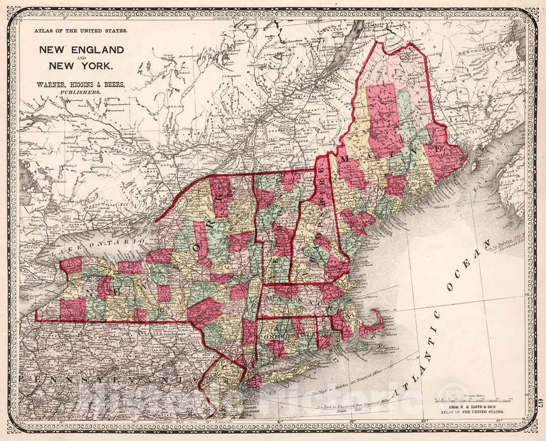 Historic Map : New England and New York, 1871, Vintage Wall Decor