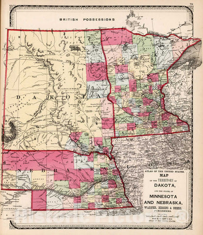 Historic Map : Map of the territory of Dakota and the states of Minnesota and Nebraska, 1871, Vintage Wall Decor