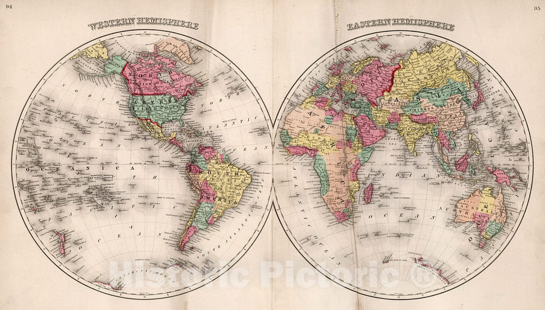 Historic Map : Western Hemisphere. Eastern Hemisphere, 1871, Vintage Wall Decor