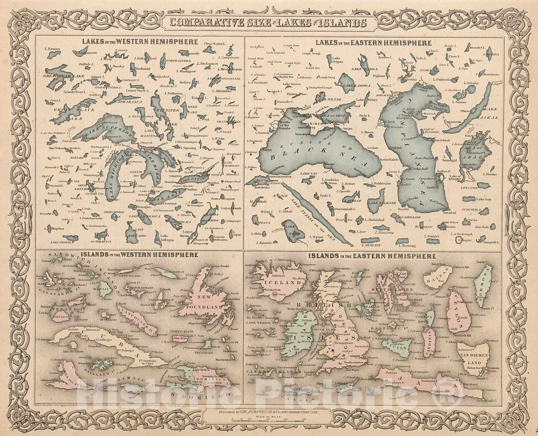 Historic Map : Comparative Size of Lakes and Islands., 1880, Vintage Wall Decor