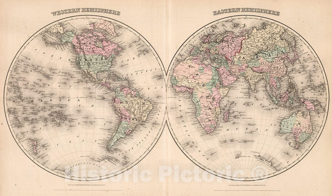 Historic Map : Western Hemisphere. Eastern Hemisphere., 1880, Vintage Wall Decor