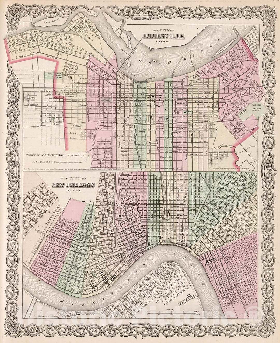 Historic Map : Louisville, Kentucky. New Orleans, Louisiana., 1880, Vintage Wall Decor