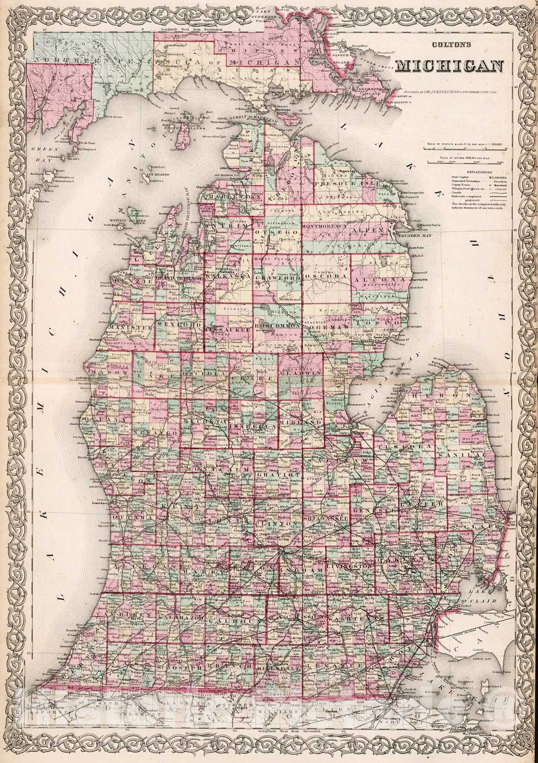 Historic Map : Michigan., 1880, Vintage Wall Decor