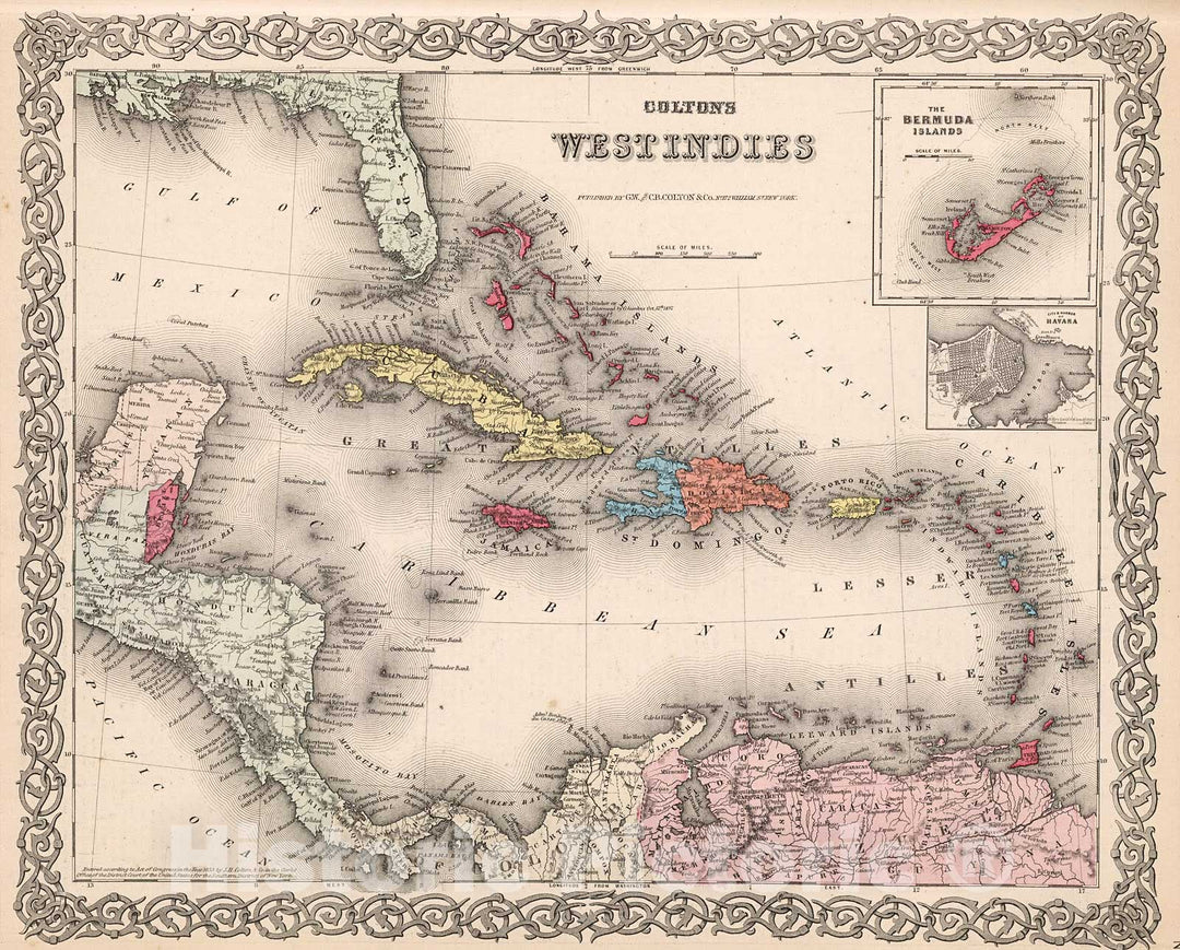 Historic Map : Cuba, Jamaica and Porto Rico., 1880, Vintage Wall Decor