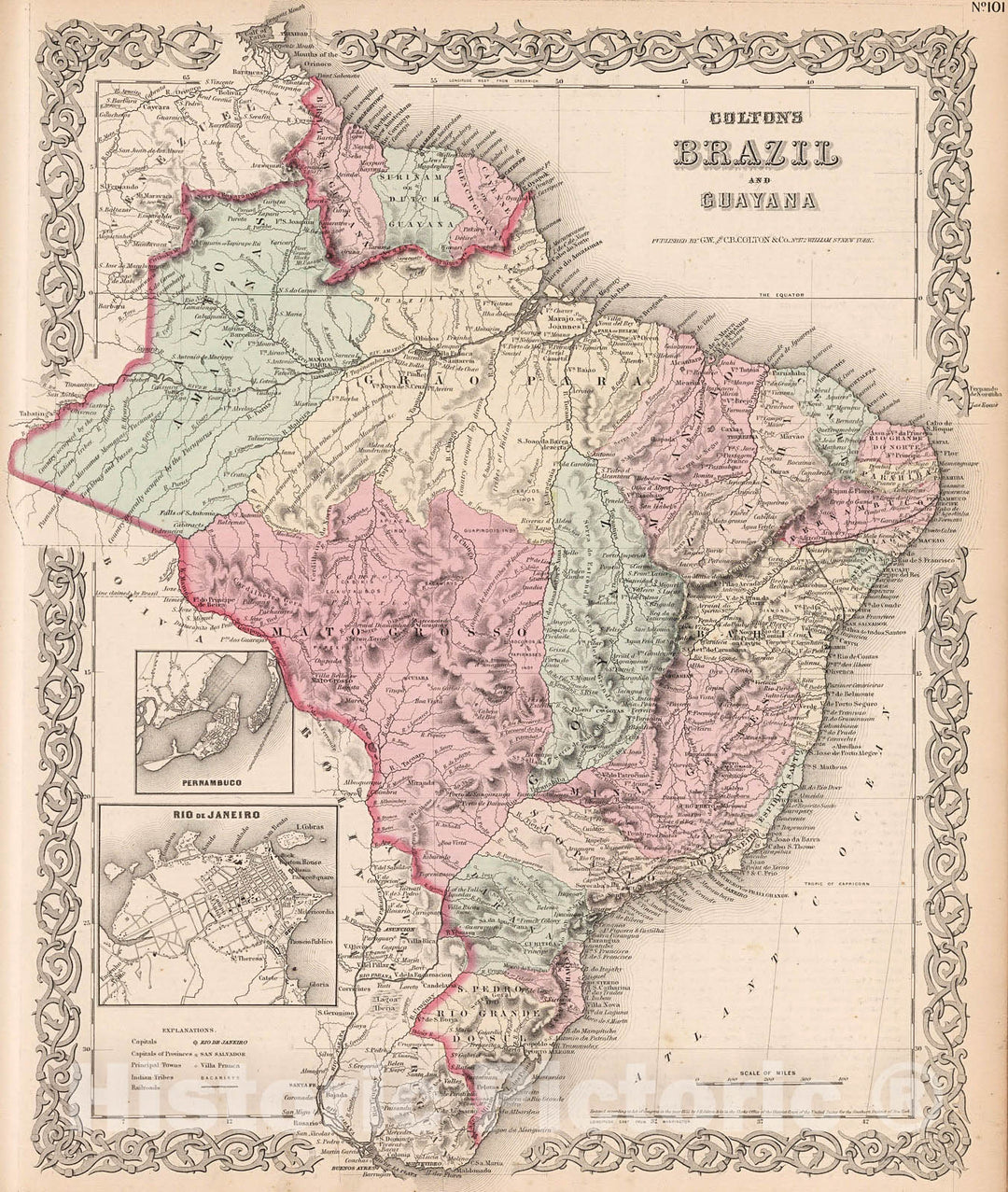 Historic Map : Brazil and Guayana., 1880, Vintage Wall Decor