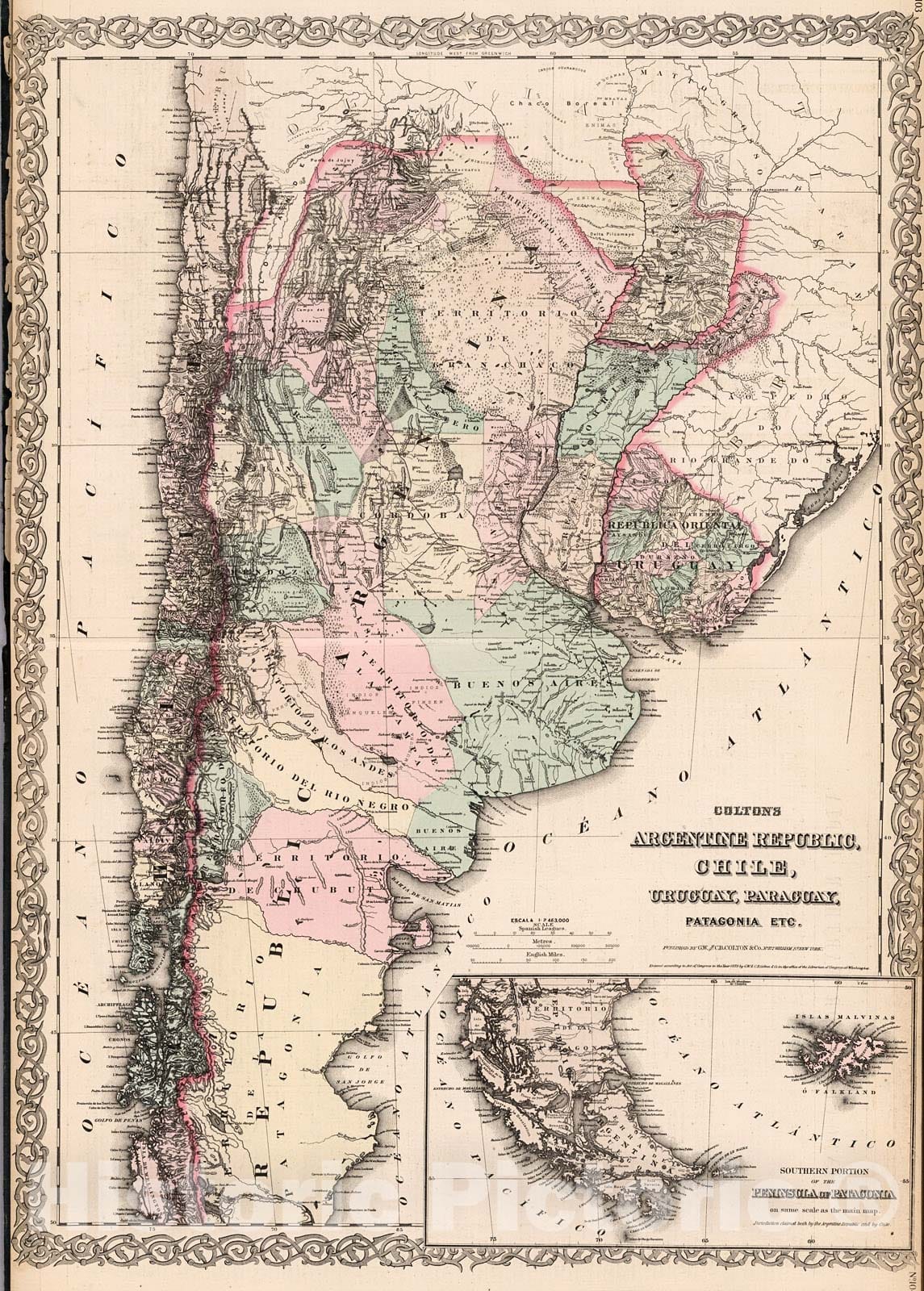 Historic Map : Argentine Republic, Chile, Uruguay, Paraguay, Patagonia, etc., 1880, Vintage Wall Decor