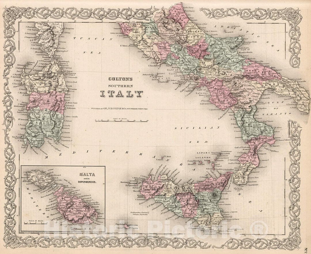 Historic Map : Colton's Southern Italy., 1880, Vintage Wall Decor