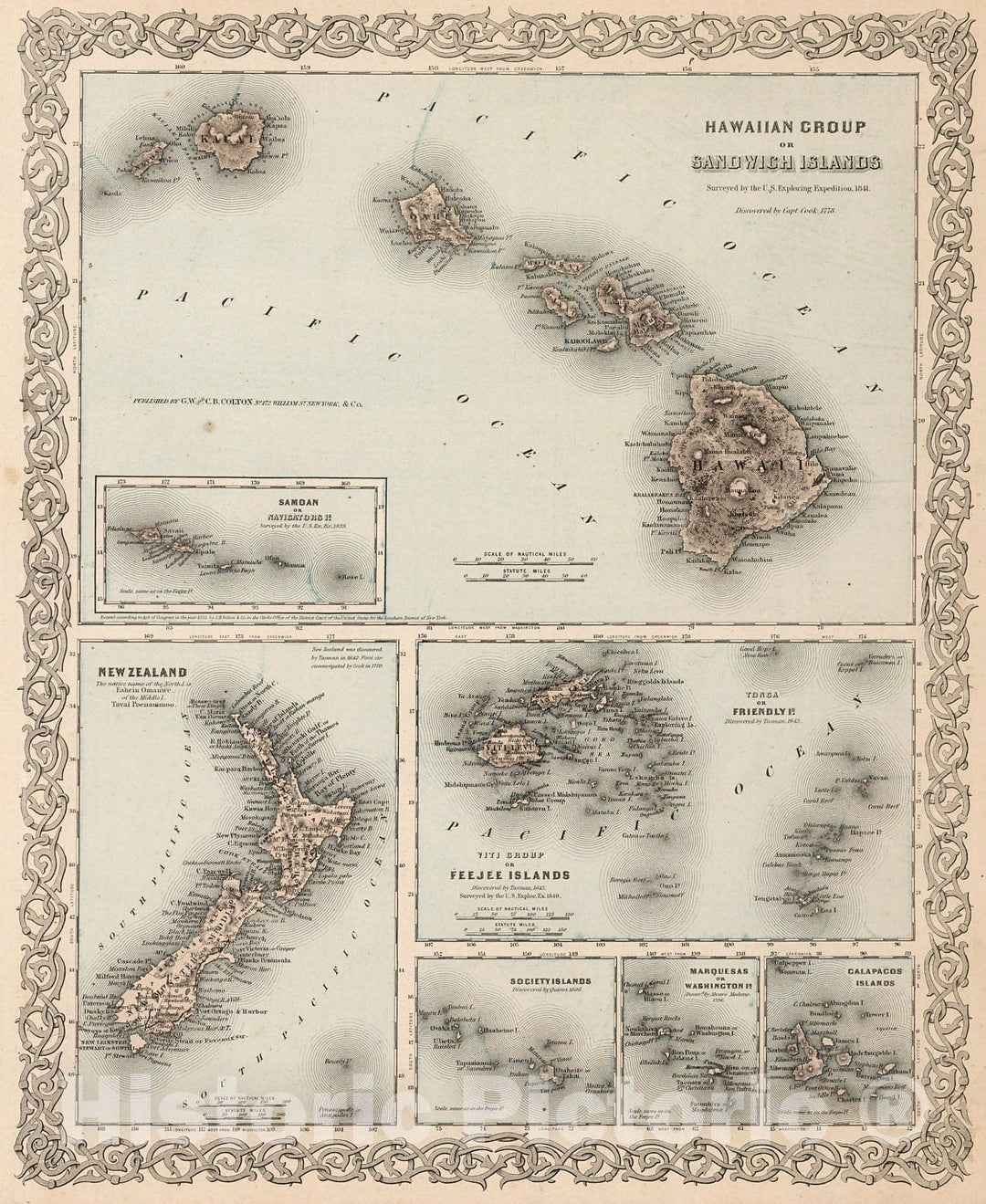 Historic Map : Hawaii. New Zealand. Fiji. Society Islands. Marquesas. Galapagos., 1880, Vintage Wall Decor