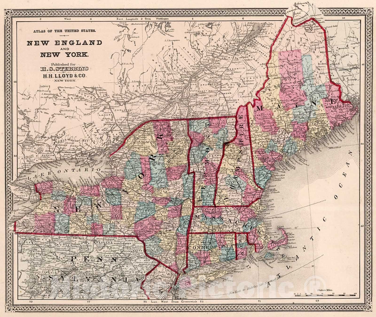 Historic Map : Atlas of the United States : New England and New York, 1868, Vintage Wall Decor