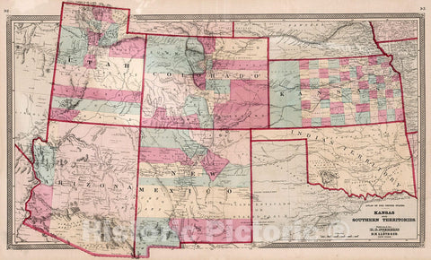 Historic Map : Atlas of the United States. Kansas and Southern Territories, 1868, Vintage Wall Decor
