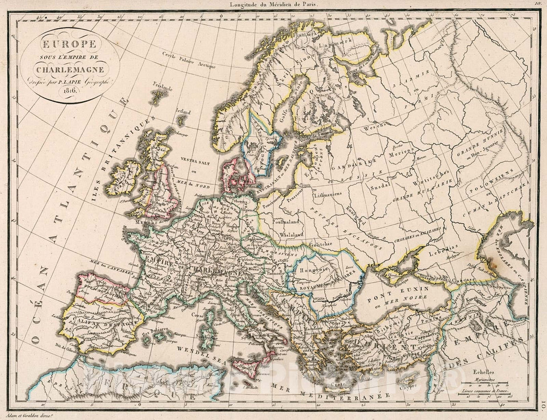 Historic Map : Europe Sous L'Empire De Charlemagne, 1816, Vintage Wall Decor