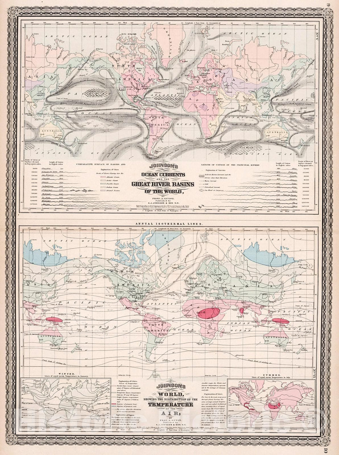 Historic Map : Ocean Currents, Great River Basins of the World, and Temperature of the Air, 1880, Vintage Wall Decor