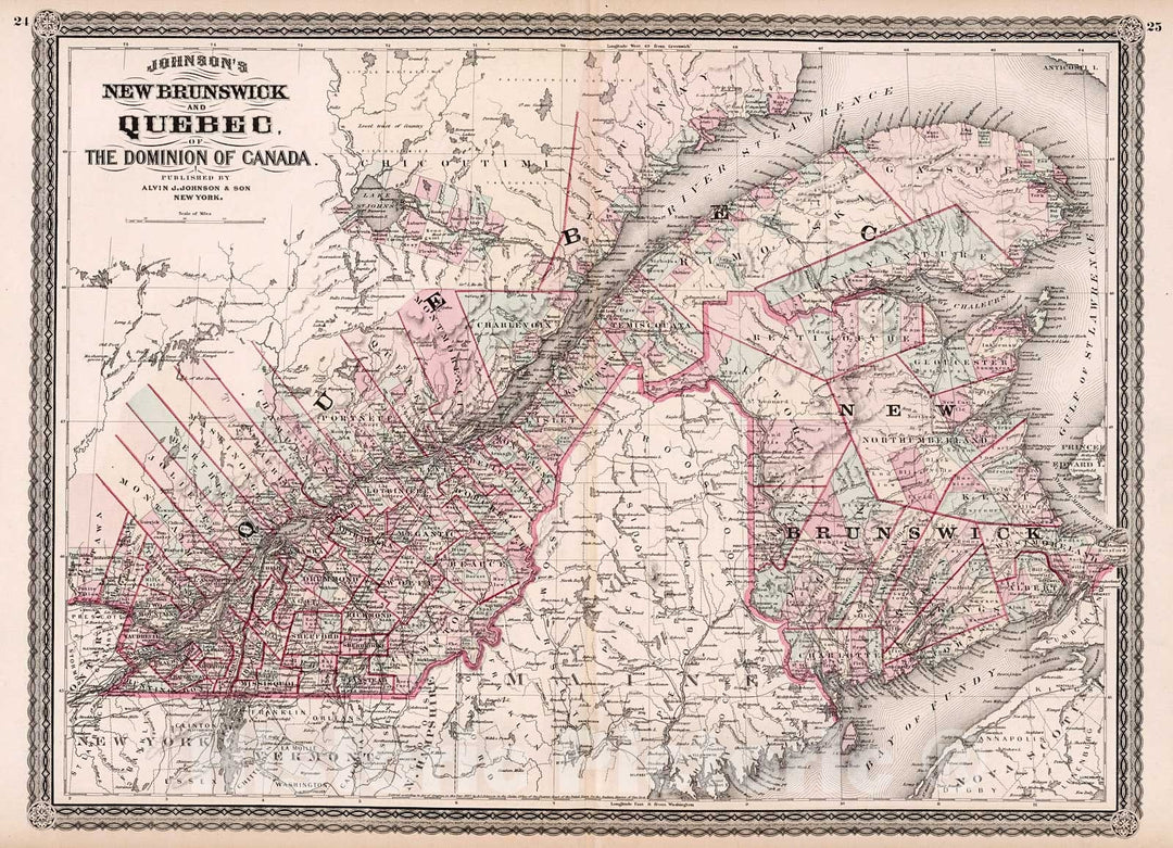 Historic Map : Johnson's New Brunswick and Quebec, the dominion of Canada, 1880, Vintage Wall Decor