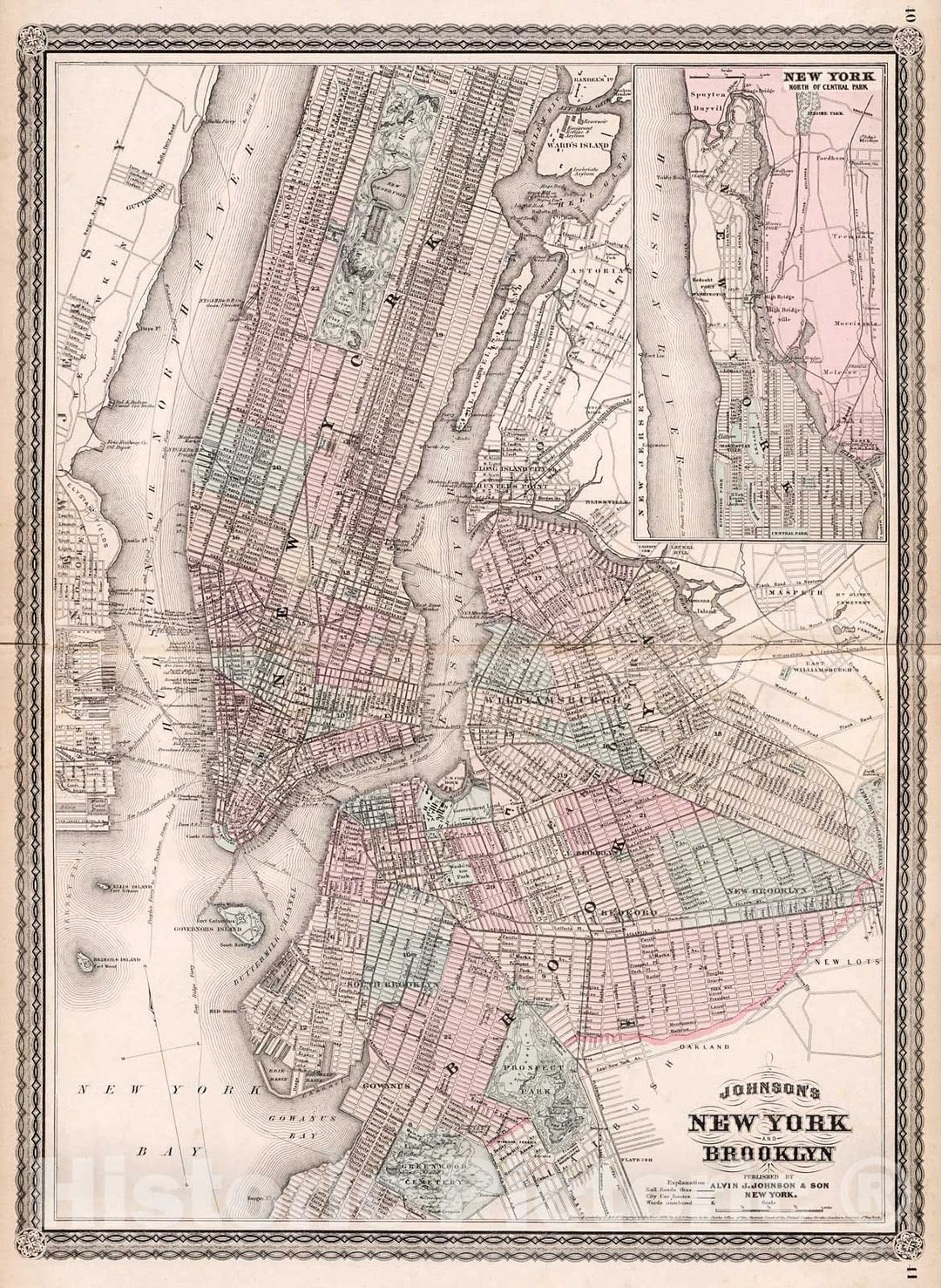 Historic Map : Johnson's New York and Brooklyn, 1880, Vintage Wall Decor