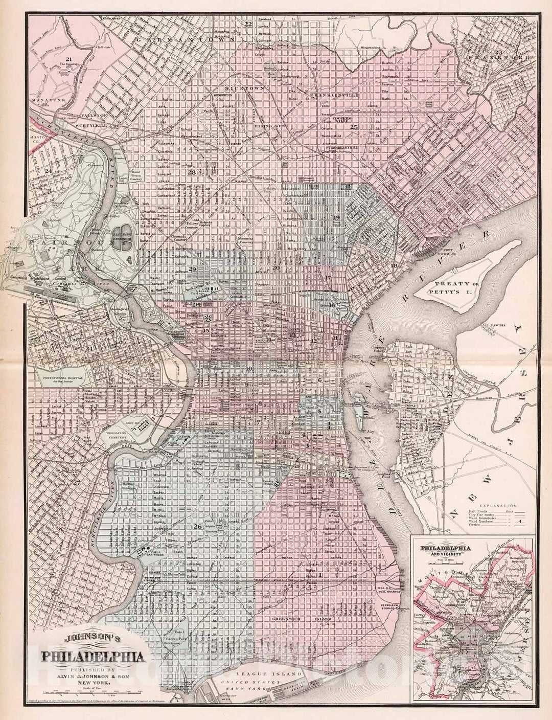 Historic Map : Johnson's Philadelphia, 1880, Vintage Wall Decor