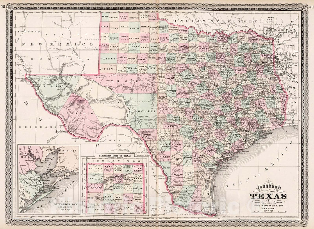 Historic Map : Johnson's Texas, 1880, Vintage Wall Decor