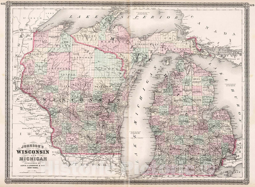 Historic Map : Johnson's Wisconsin And Michigan, 1880, Vintage Wall Decor