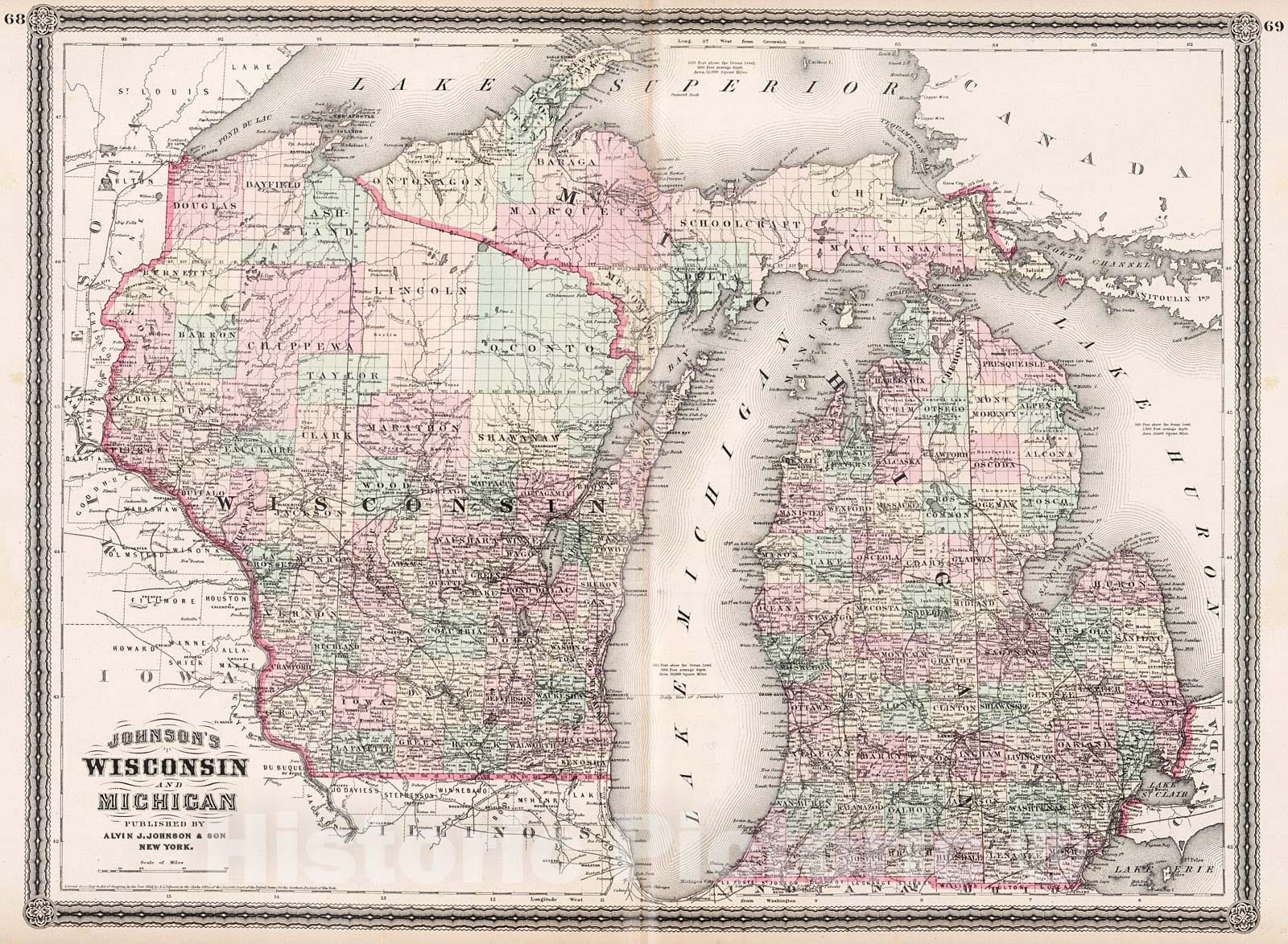 Historic Map : Johnson's Wisconsin And Michigan, 1880, Vintage Wall Decor