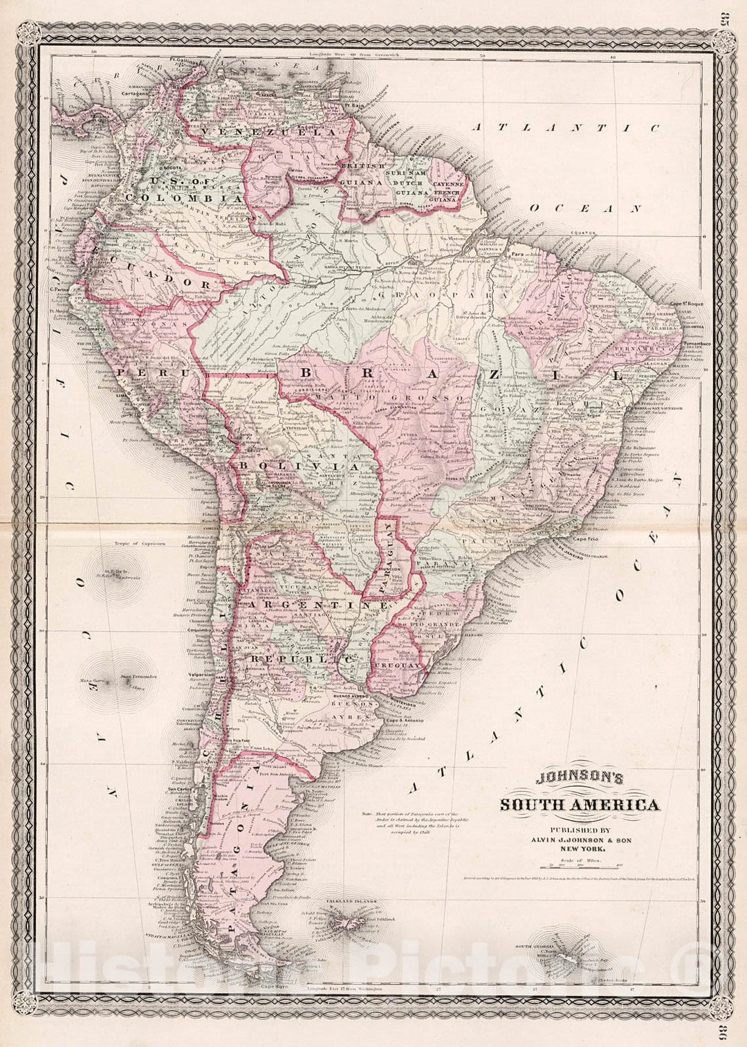 Historic Map : Johnson's South America, 1880, Vintage Wall Decor