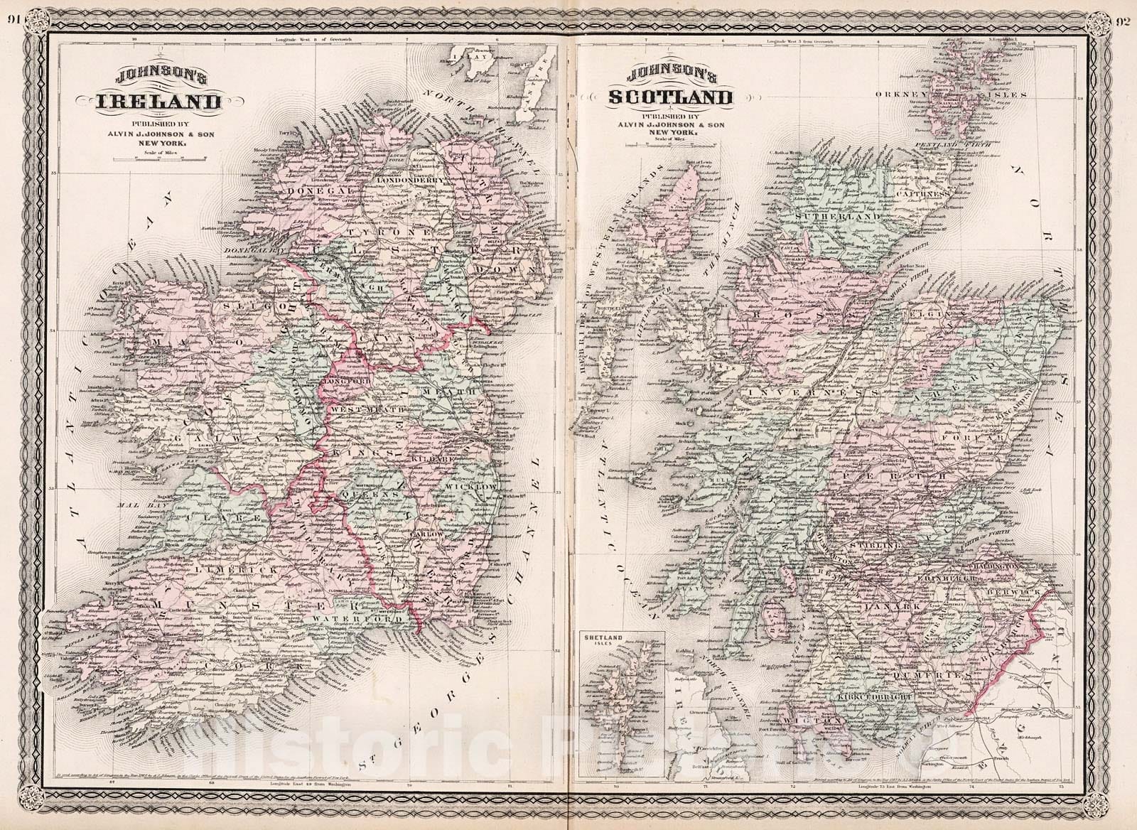 Historic Map : Johnson's Ireland. Johnson's Scotland, 1880, Vintage Wall Decor