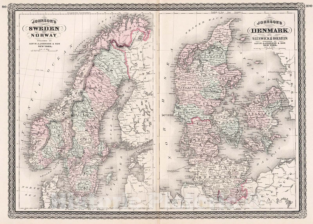 Historic Map : Johnson's Sweden and Norway. Johnson's Denmark with Sleswick and Holstein, 1880, Vintage Wall Decor