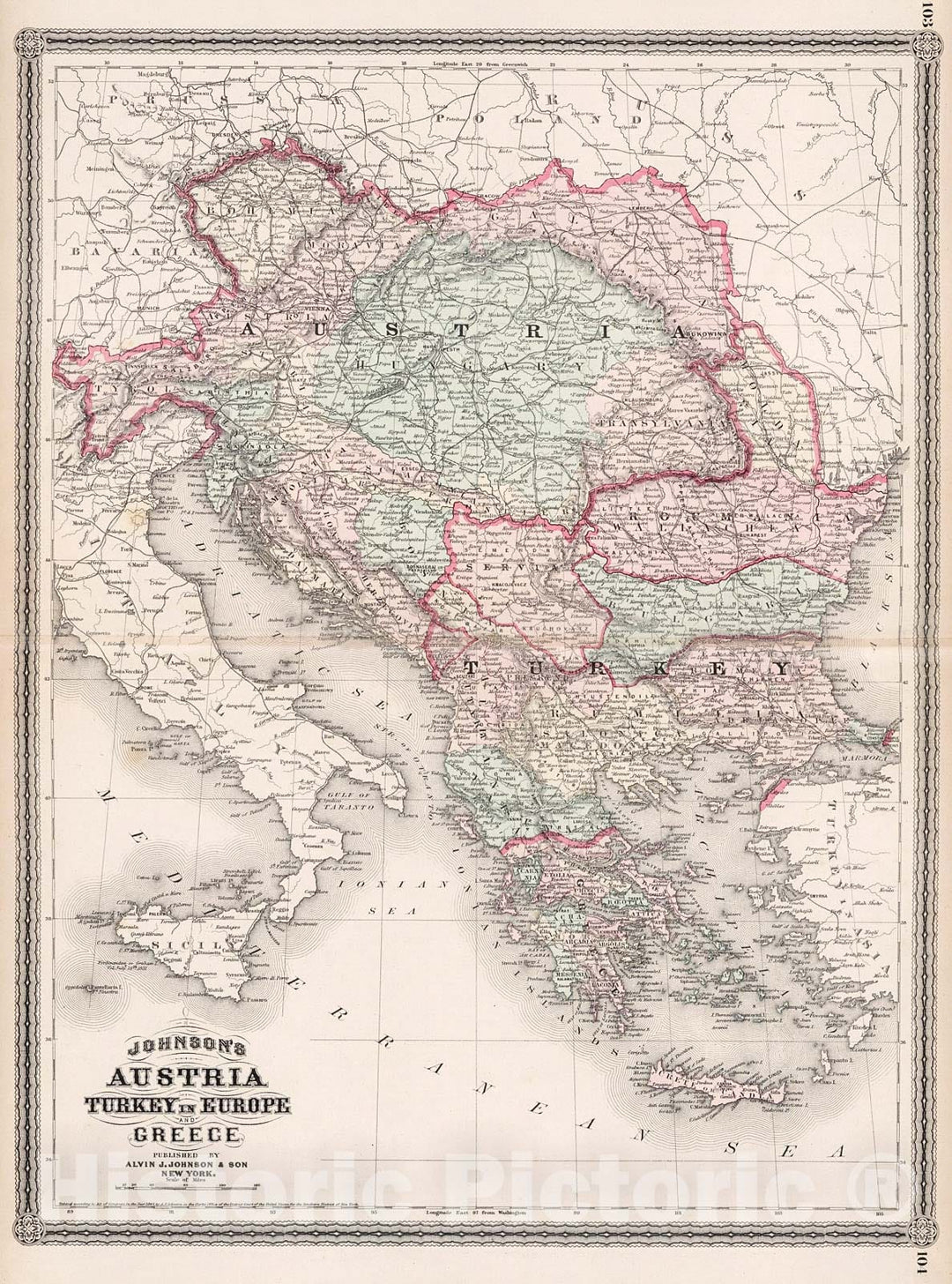 Historic Map : Johnson's Austria, Turkey in Europe, and Greece, 1880, Vintage Wall Decor