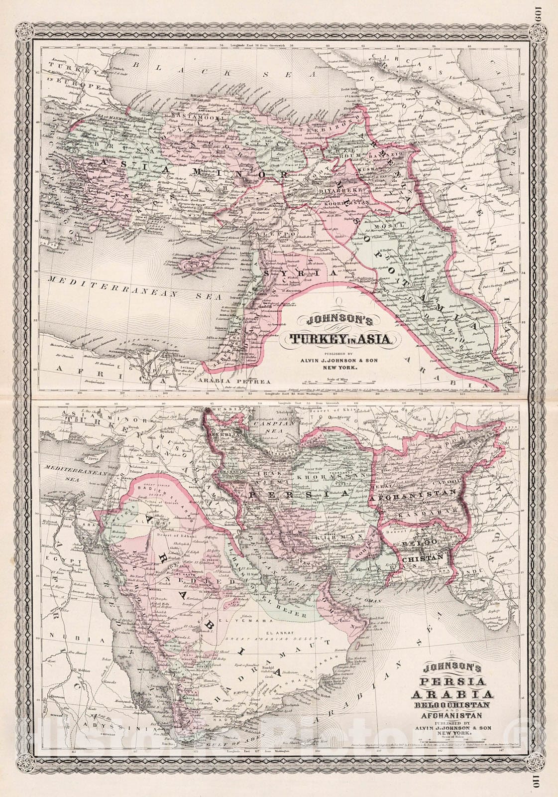 Historic Map : Johnson's Turkey in Asia. Johnson's Persia, Arabia, Beloochistan and Afghanistan, 1880, v1, Vintage Wall Decor