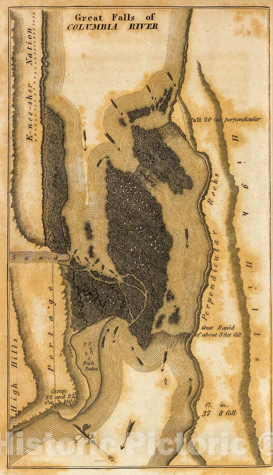 Historic Map : Great Falls of Columbia River., 1814, Vintage Wall Decor