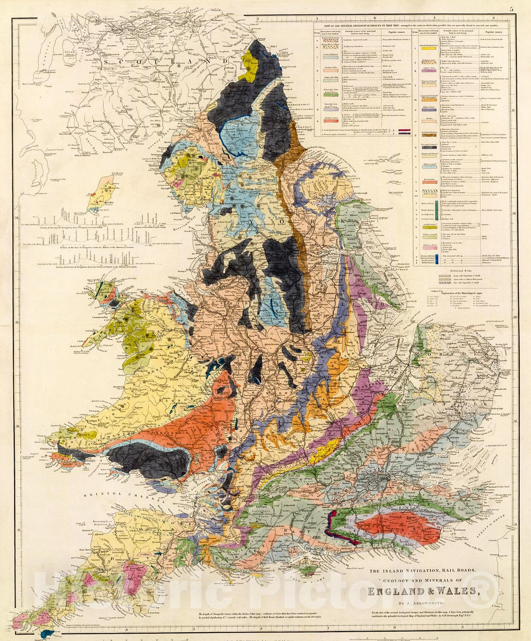 Historic Map : The Inland Navigation, Rail Roads, Geology and Minerals of England and Wales , 1840, John Arrowsmith, Vintage Wall Art