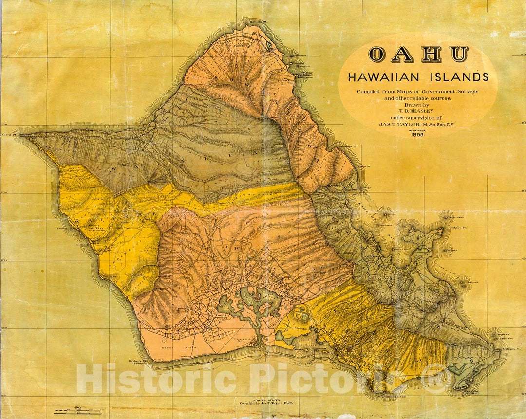 Historic Map : Oahu, Hawaiian Islands., 1899, Vintage Wall Decor