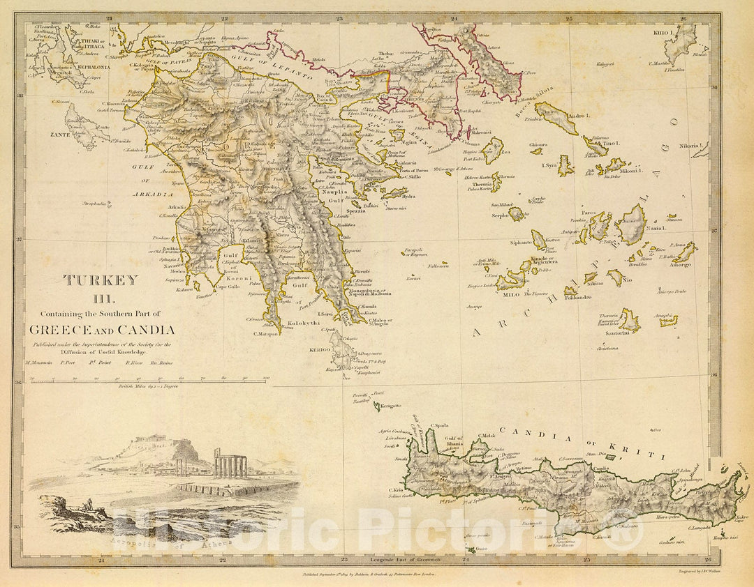 Historic Map : Turkey III. Southern Greece and Candia., 1844, Vintage Wall Decor