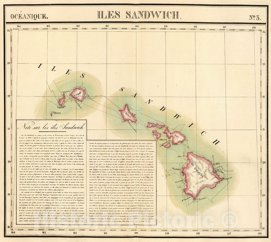 Historic Map : Iles Sandwich. Oceanique no. 3., 1827, Vintage Wall Decor