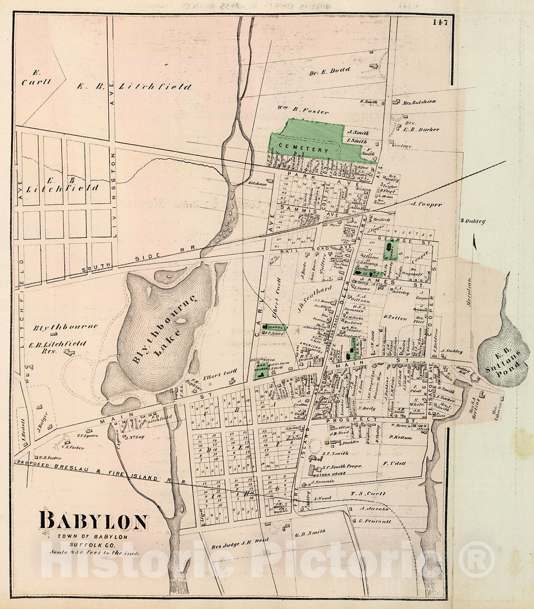 Historic Map : Queens and Suffolk County Business Notices. Babylon. Long Island., 1873, Vintage Wall Decor